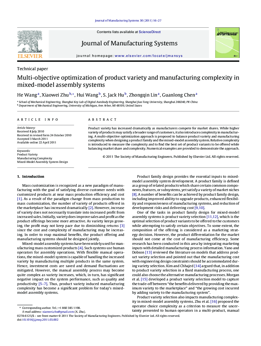 Multi-objective optimization of product variety and manufacturing complexity in mixed-model assembly systems