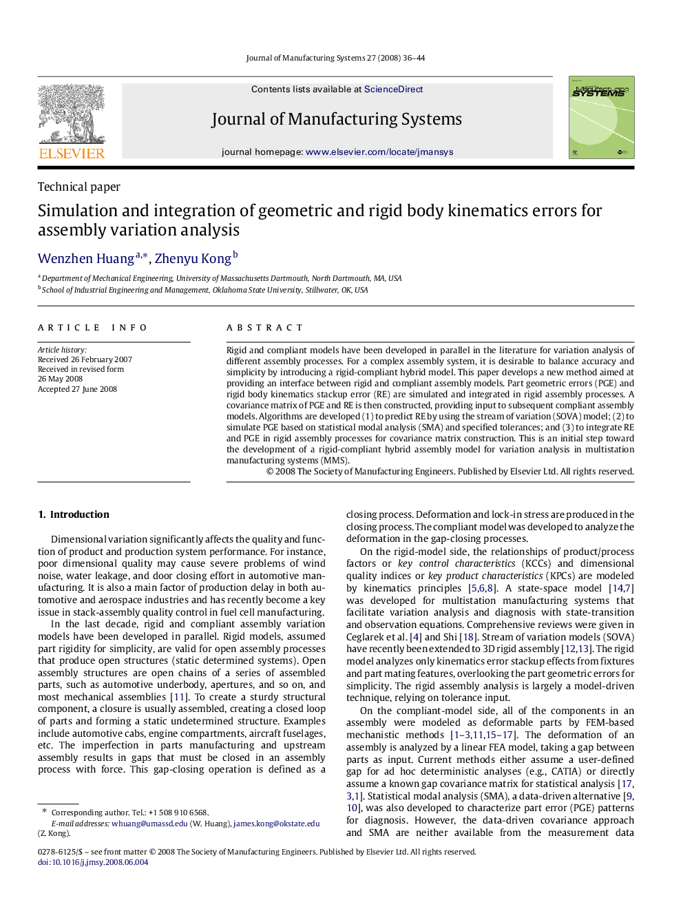 Simulation and integration of geometric and rigid body kinematics errors for assembly variation analysis