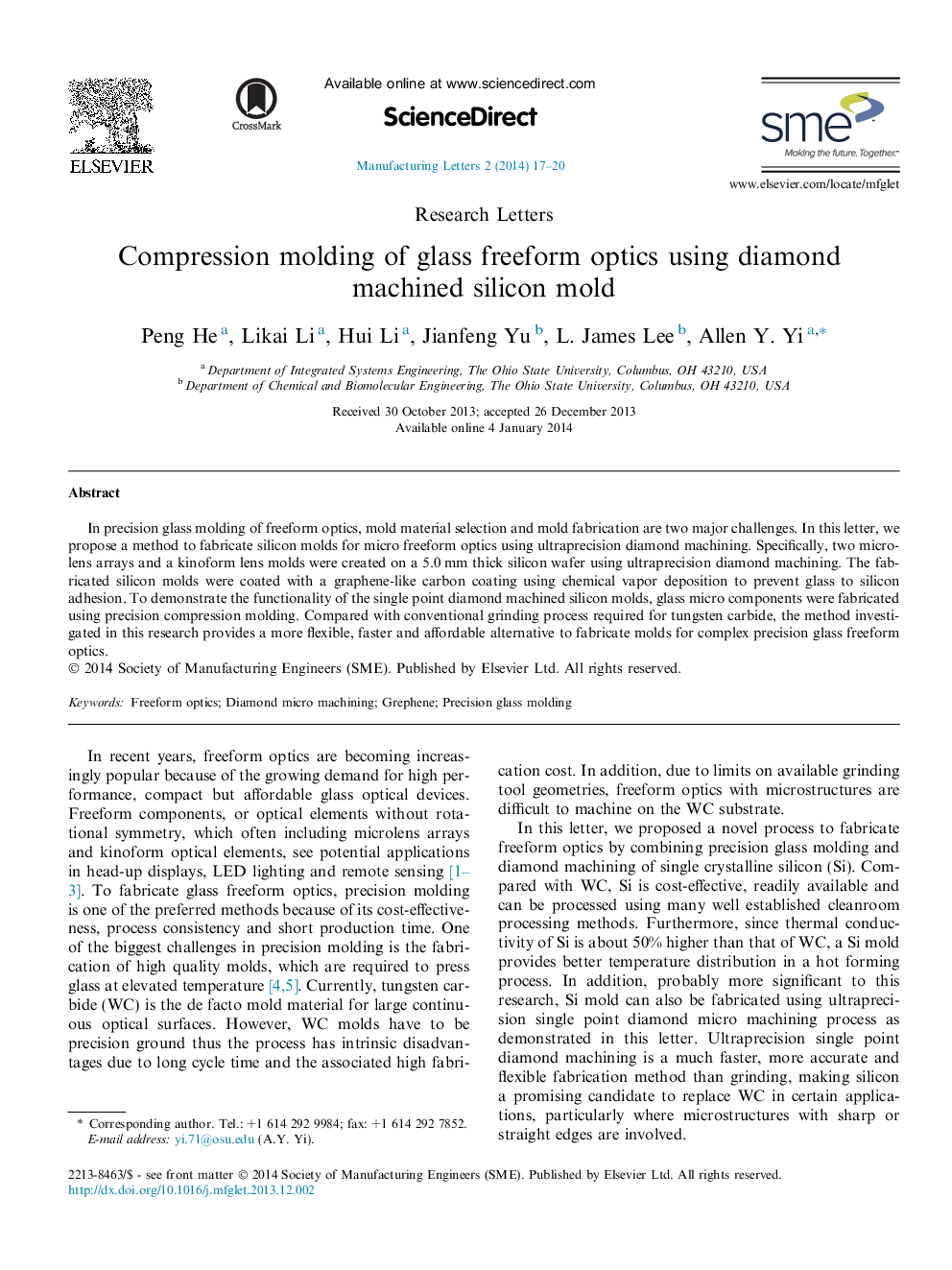 Compression molding of glass freeform optics using diamond machined silicon mold