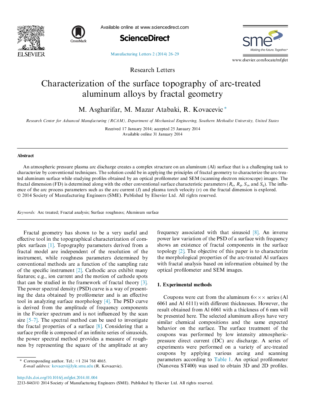 Characterization of the surface topography of arc-treated aluminum alloys by fractal geometry