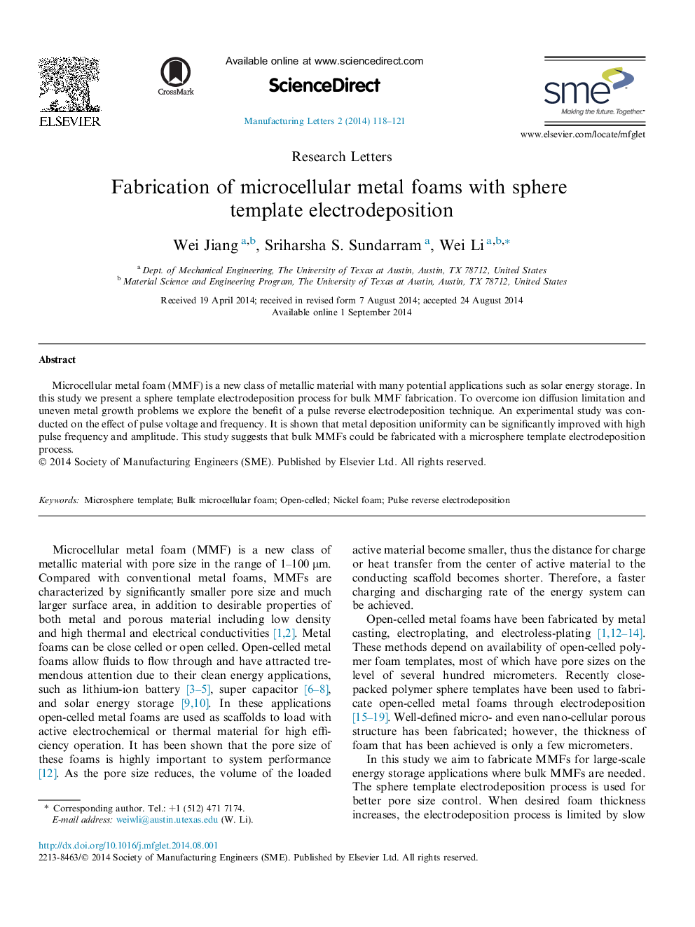 Fabrication of microcellular metal foams with sphere template electrodeposition