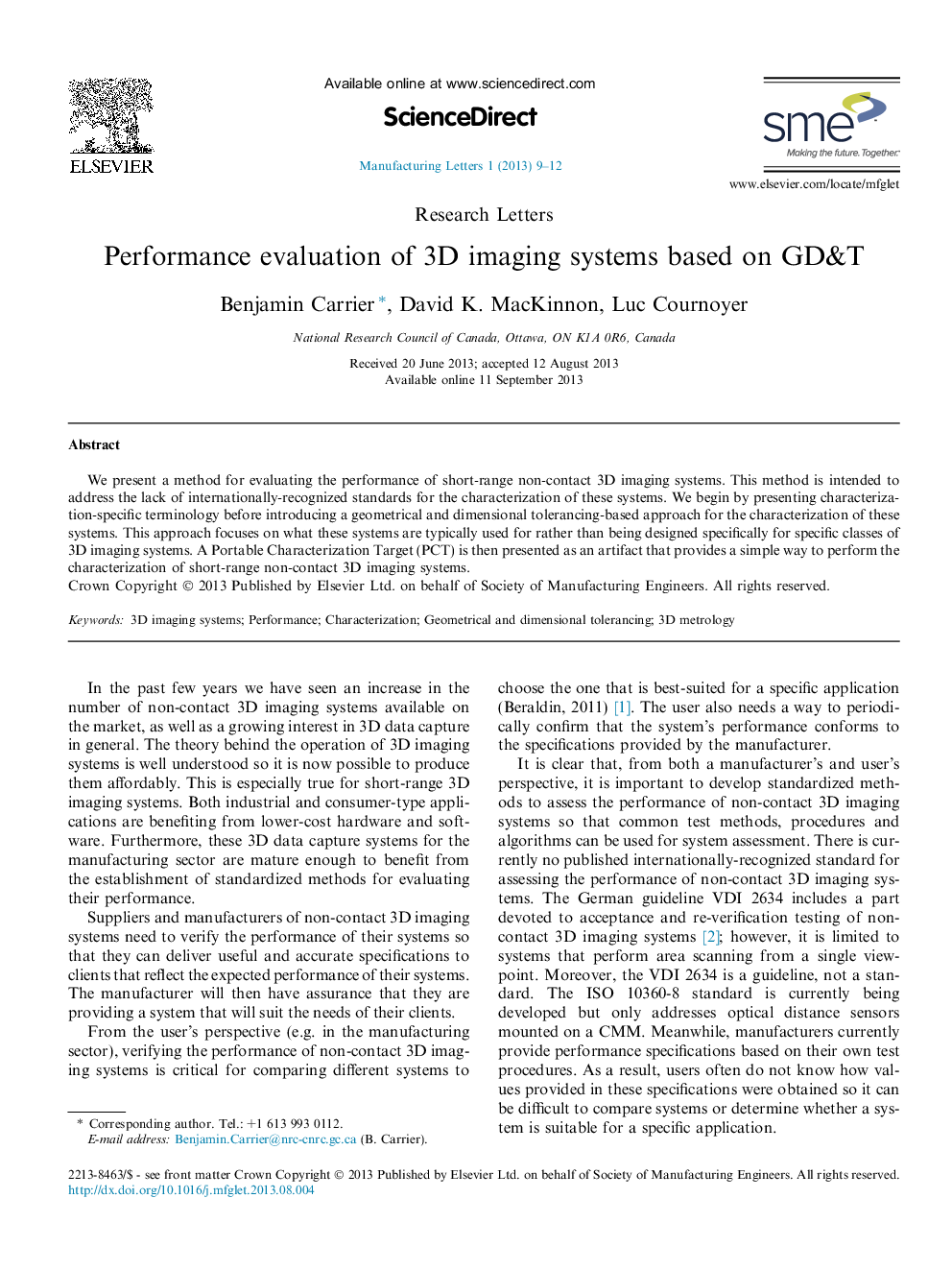 Performance evaluation of 3D imaging systems based on GD&T