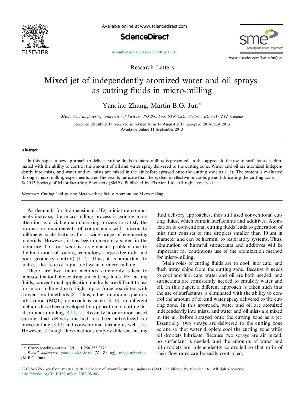 Mixed jet of independently atomized water and oil sprays as cutting fluids in micro-milling