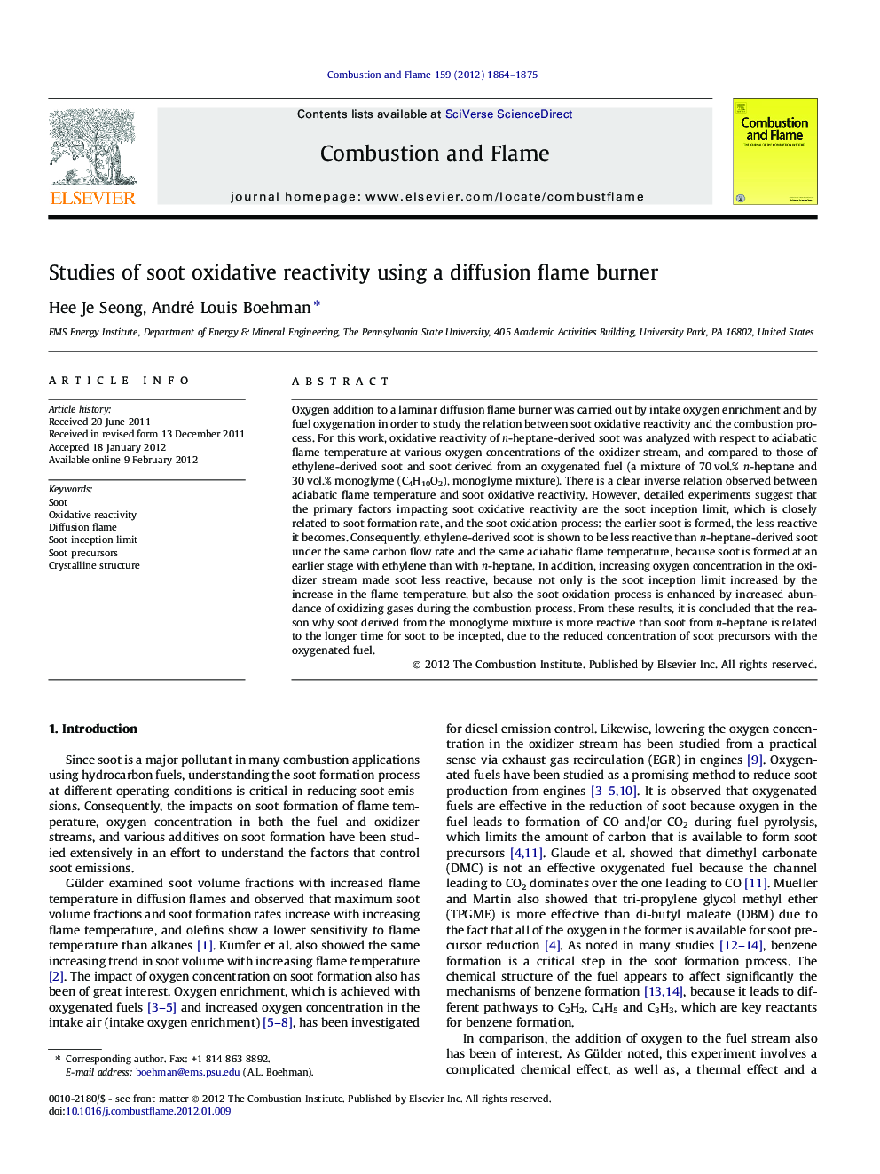 Studies of soot oxidative reactivity using a diffusion flame burner