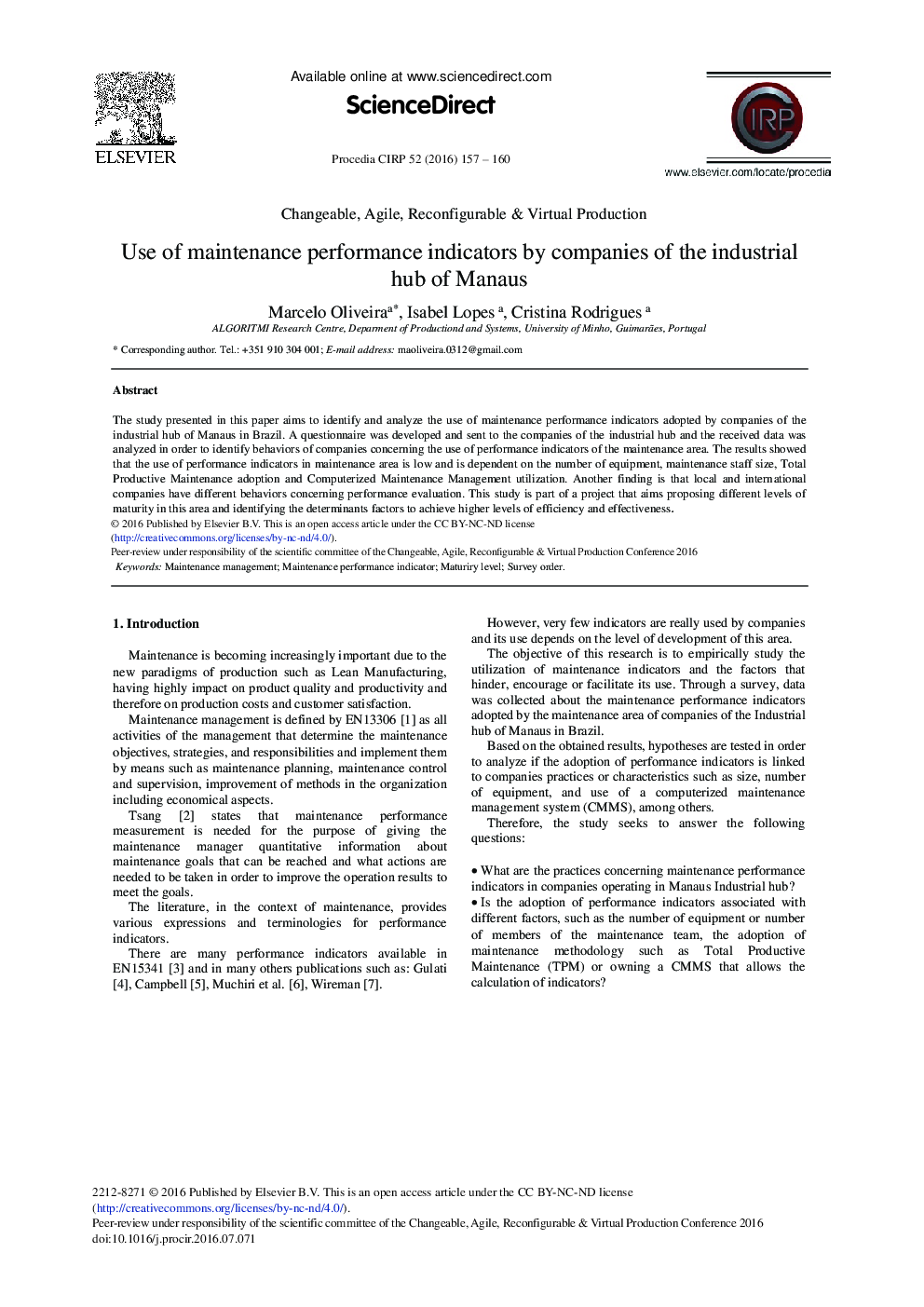 Use of Maintenance Performance Indicators by Companies of the Industrial Hub of Manaus 