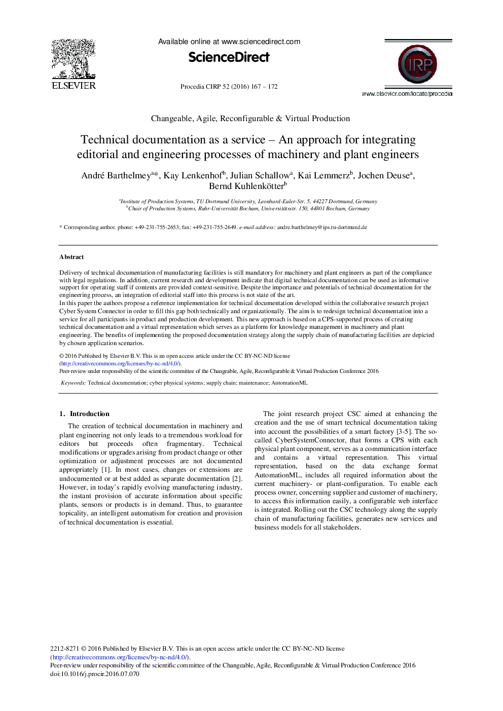 Technical Documentation as a Service – An Approach for Integrating Editorial and Engineering Processes of Machinery and Plant Engineers 