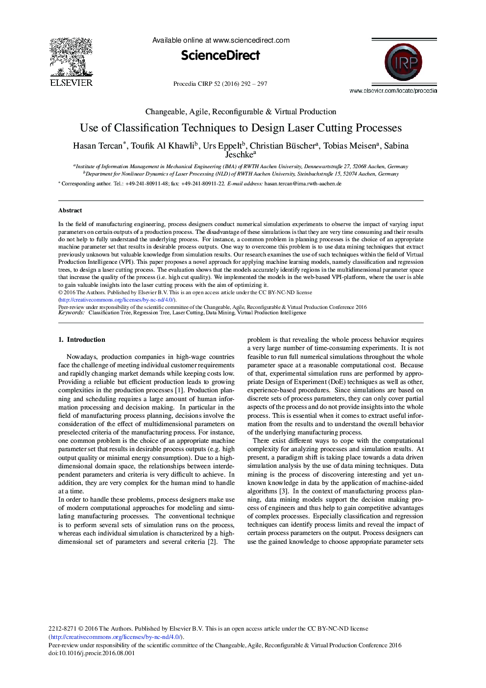 Use of Classification Techniques to Design Laser Cutting Processes 