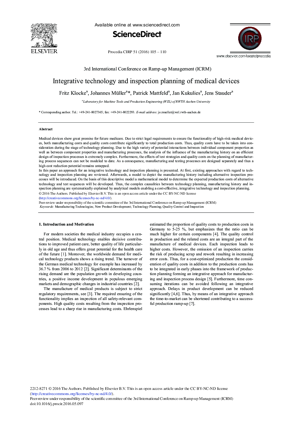 Integrative Technology and Inspection Planning of Medical Devices 