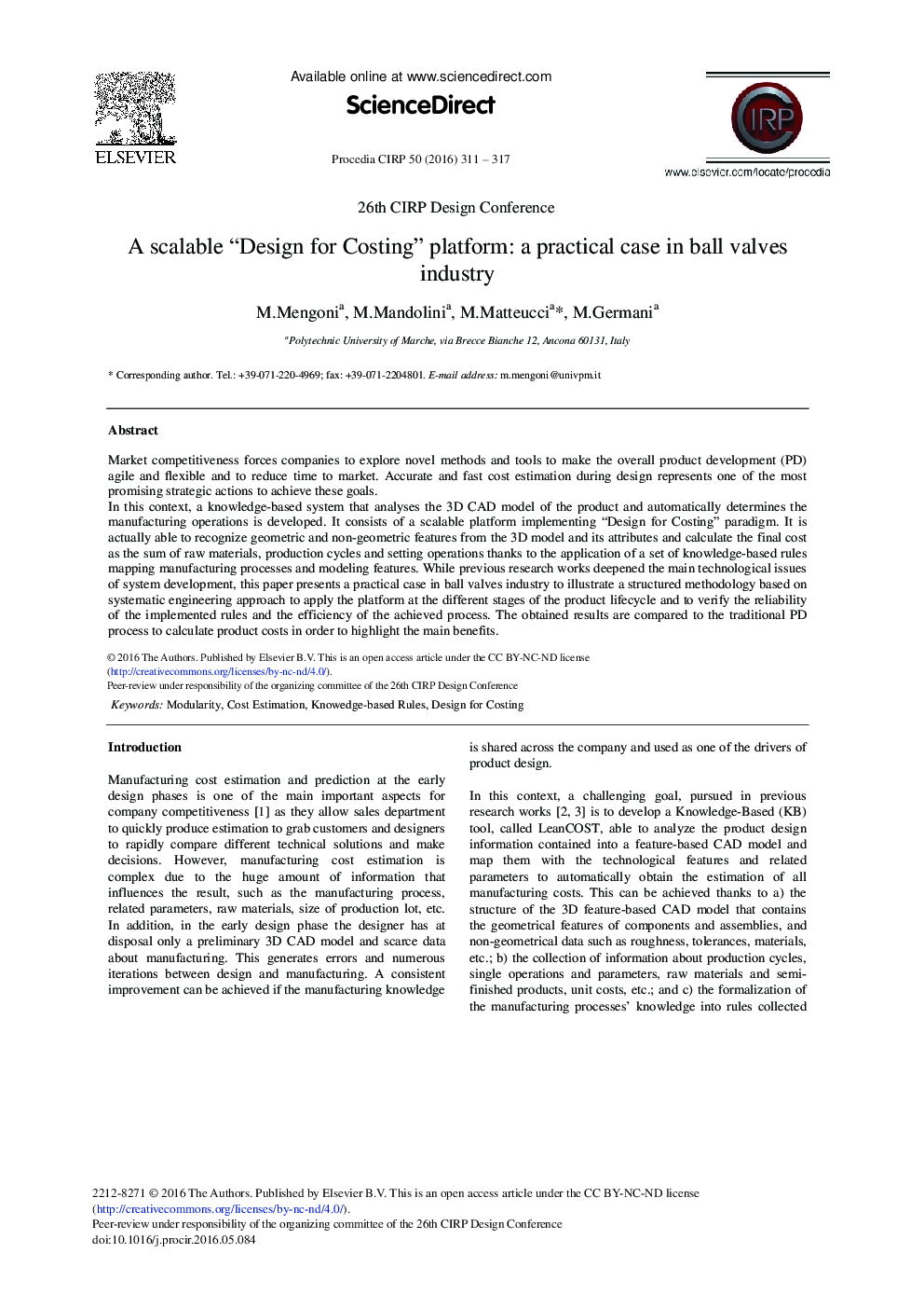 A Scalable “Design for Costing” Platform: A Practical Case in Ball Valves Industry 