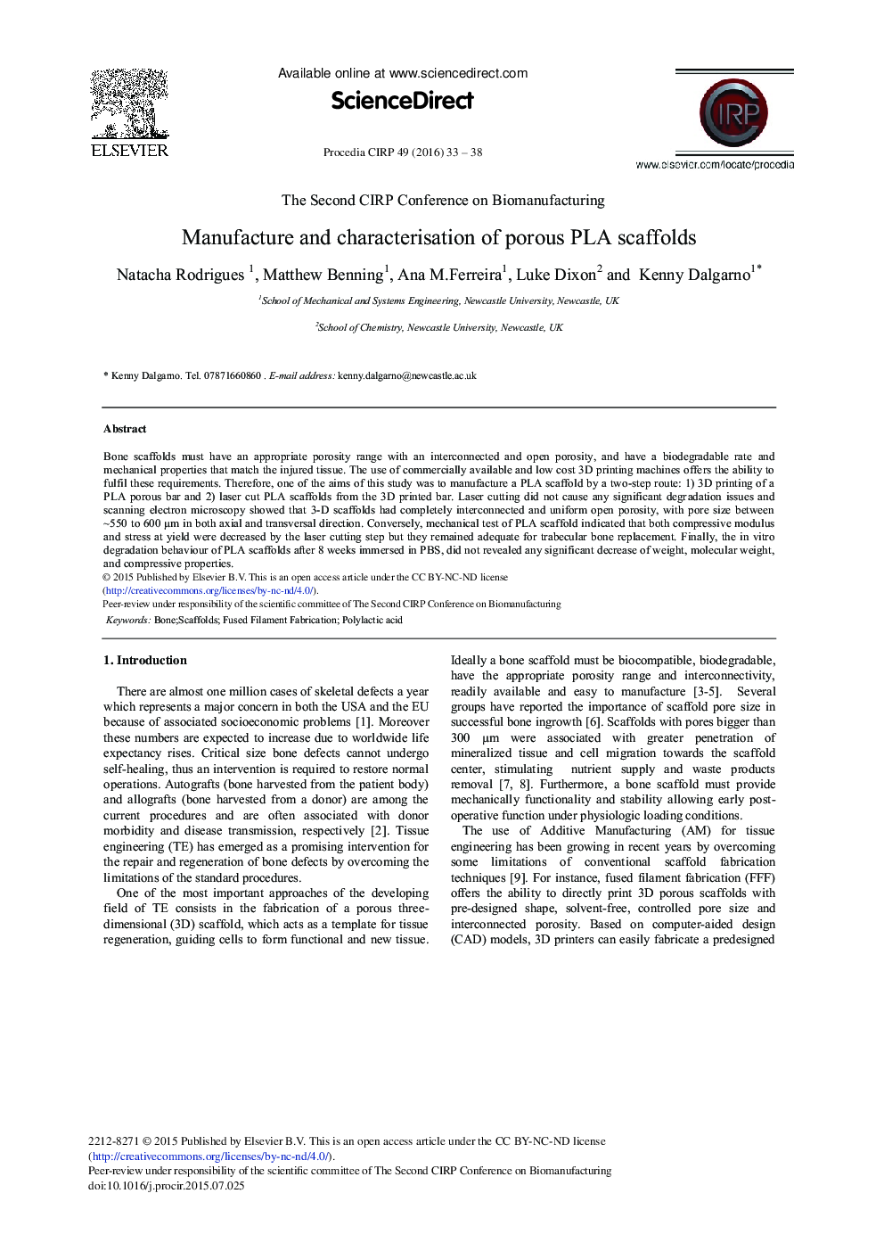 Manufacture and Characterisation of Porous PLA Scaffolds 