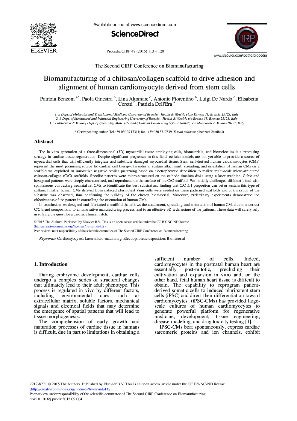 Biomanufacturing of a Chitosan/Collagen Scaffold to Drive Adhesion and Alignment of Human Cardiomyocyte Derived from Stem Cells 