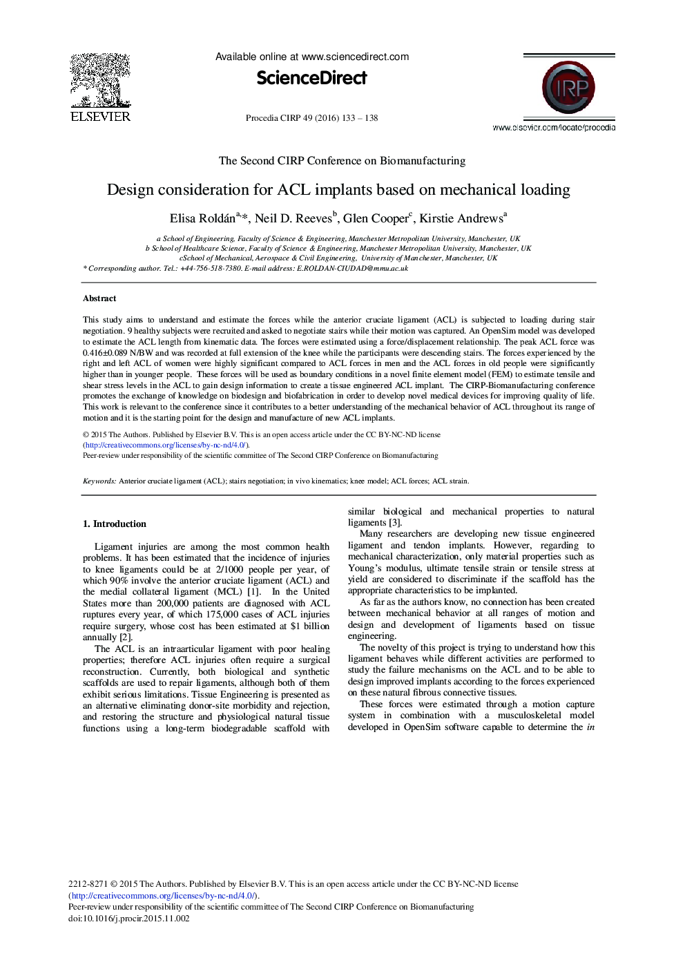 Design Consideration for ACL Implants based on Mechanical Loading 