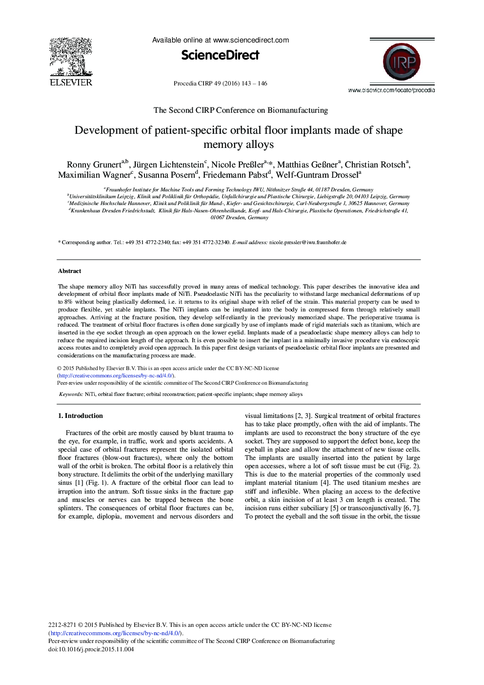 Development of Patient-specific Orbital Floor Implants Made of Shape Memory Alloys 