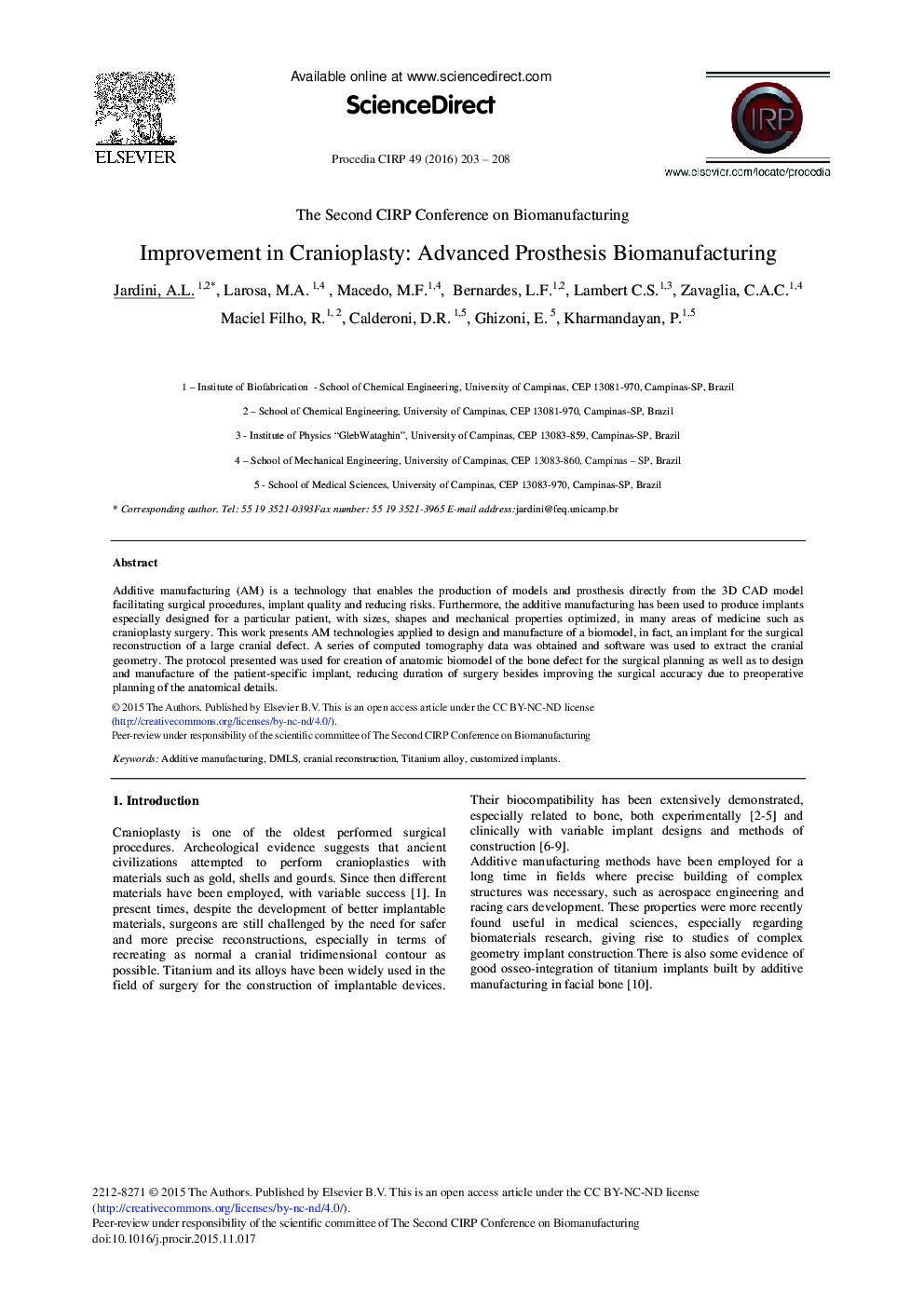 Improvement in Cranioplasty: Advanced Prosthesis Biomanufacturing 