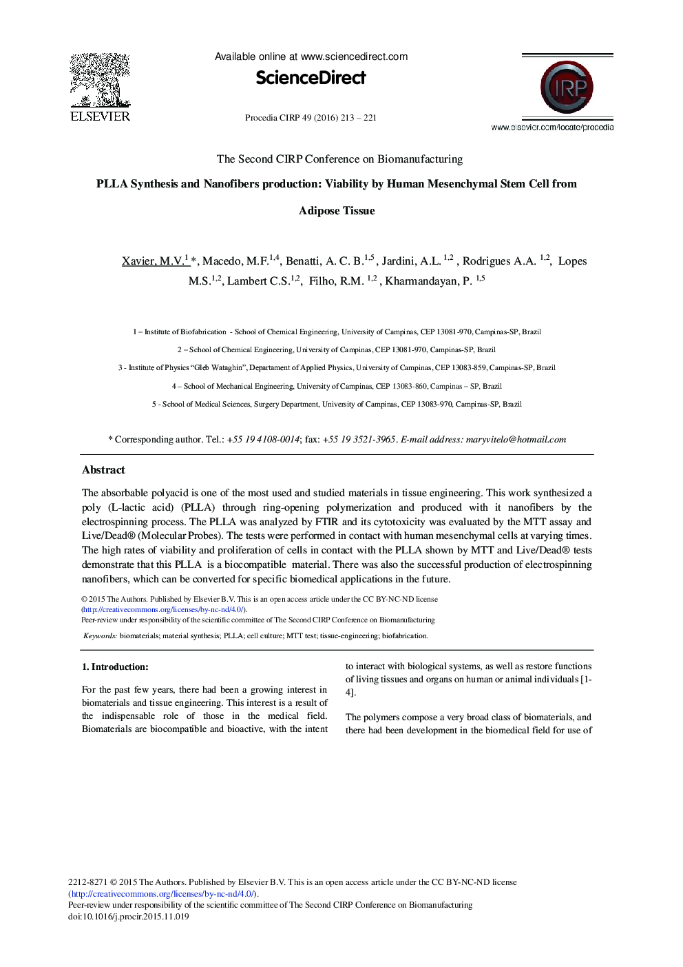 PLLA Synthesis and Nanofibers Production: Viability by Human Mesenchymal Stem Cell from Adipose Tissue 