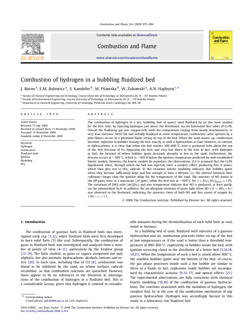 Combustion of hydrogen in a bubbling fluidized bed