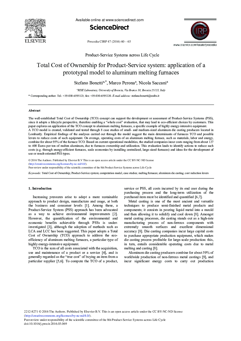 Total Cost of Ownership for Product-Service System: Application of a Prototypal Model to Aluminum Melting Furnaces 