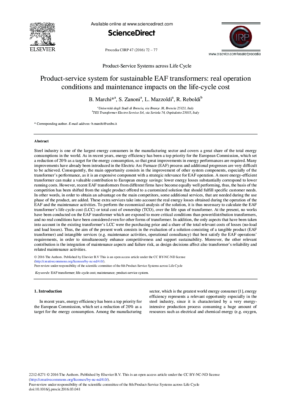 Product-service System for Sustainable EAF Transformers: Real Operation Conditions and Maintenance Impacts on the Life-cycle Cost 