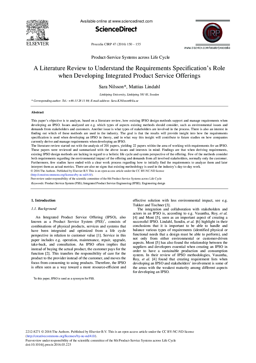 A Literature Review to Understand the Requirements Specification's Role when Developing Integrated Product Service Offerings 