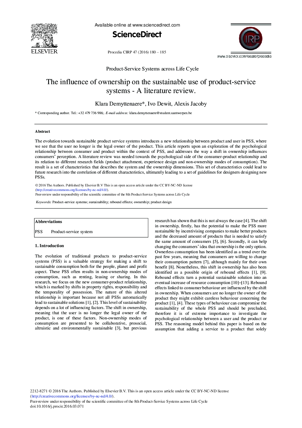 The Influence of Ownership on the Sustainable Use of Product-service Systems - A Literature Review 