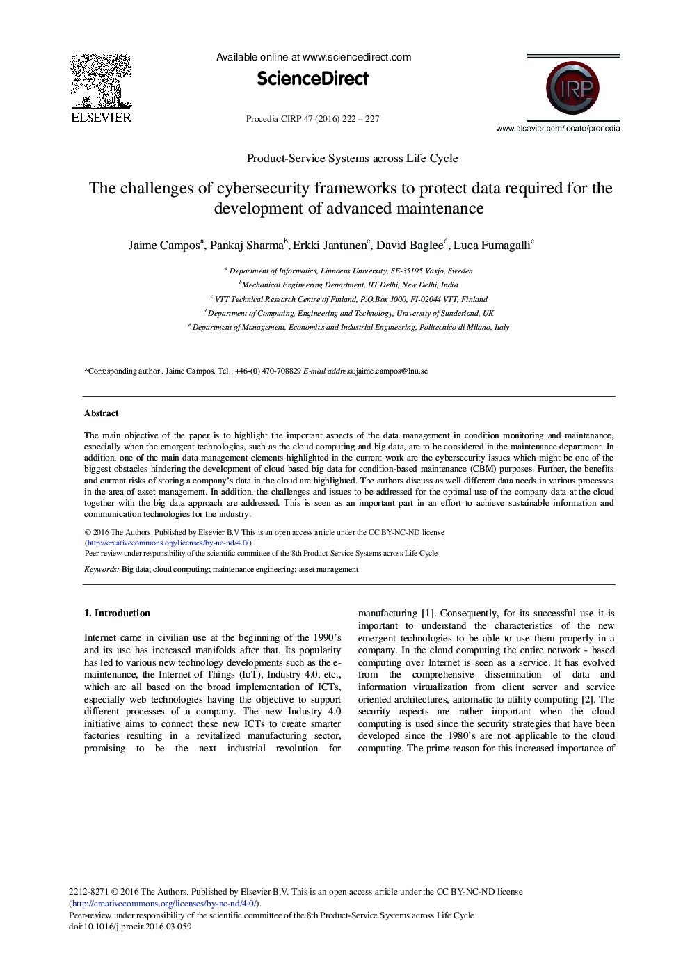 The Challenges of Cybersecurity Frameworks to Protect Data Required for the Development of Advanced Maintenance 