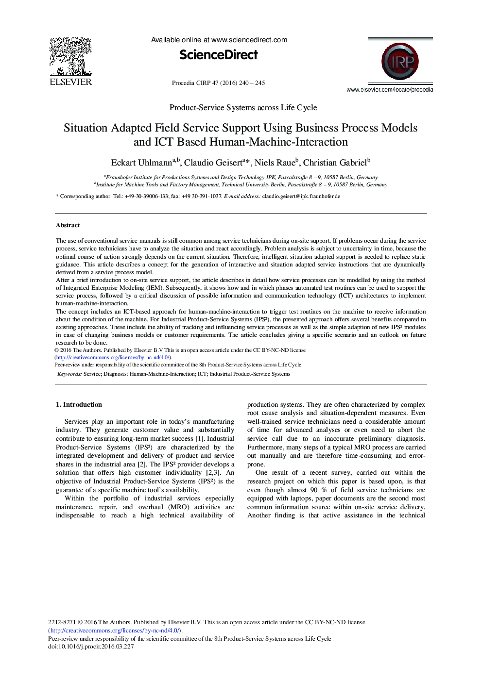 Situation Adapted Field Service Support Using Business Process Models and ICT Based Human-Machine-Interaction 