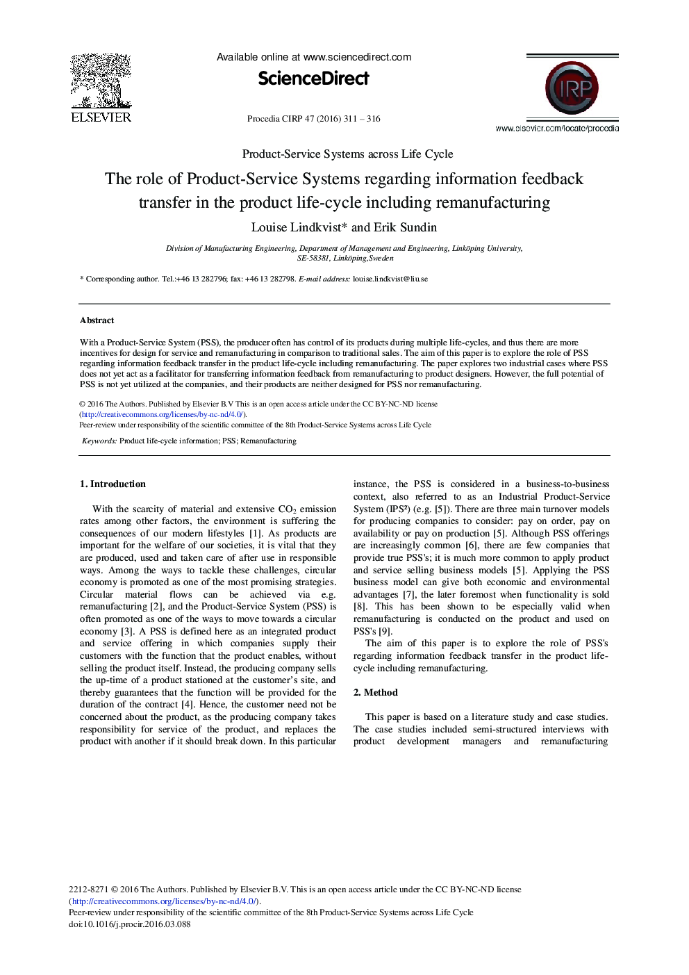 The role of Product-service Systems Regarding Information Feedback Transfer in the Product Life-cycle Including Remanufacturing 