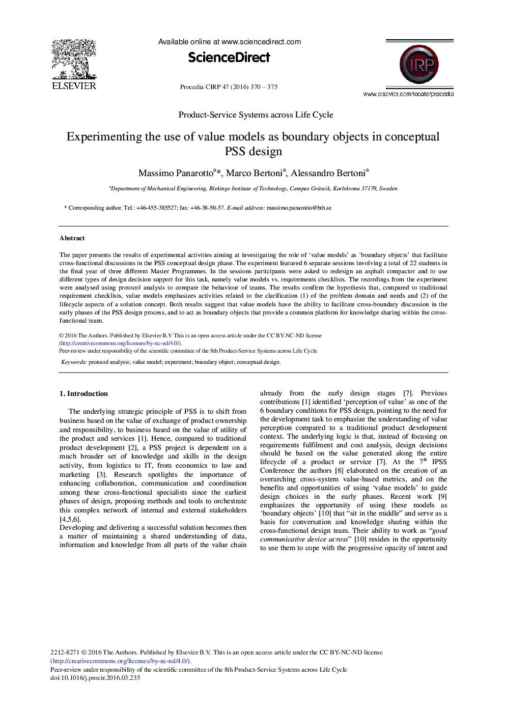 Experimenting the use of Value Models as Boundary Objects in Conceptual PSS Design 