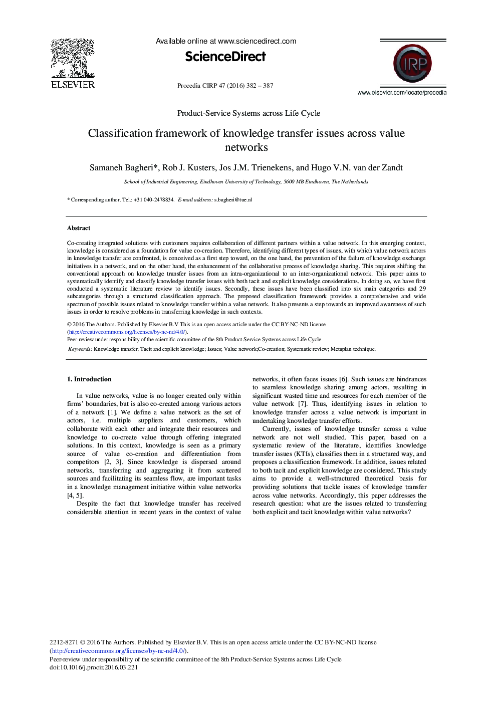 Classification Framework of Knowledge Transfer Issues Across Value Networks 