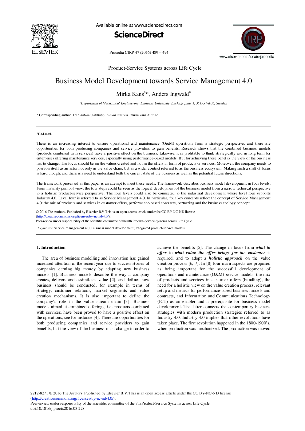 Business Model Development Towards Service Management 4.0 