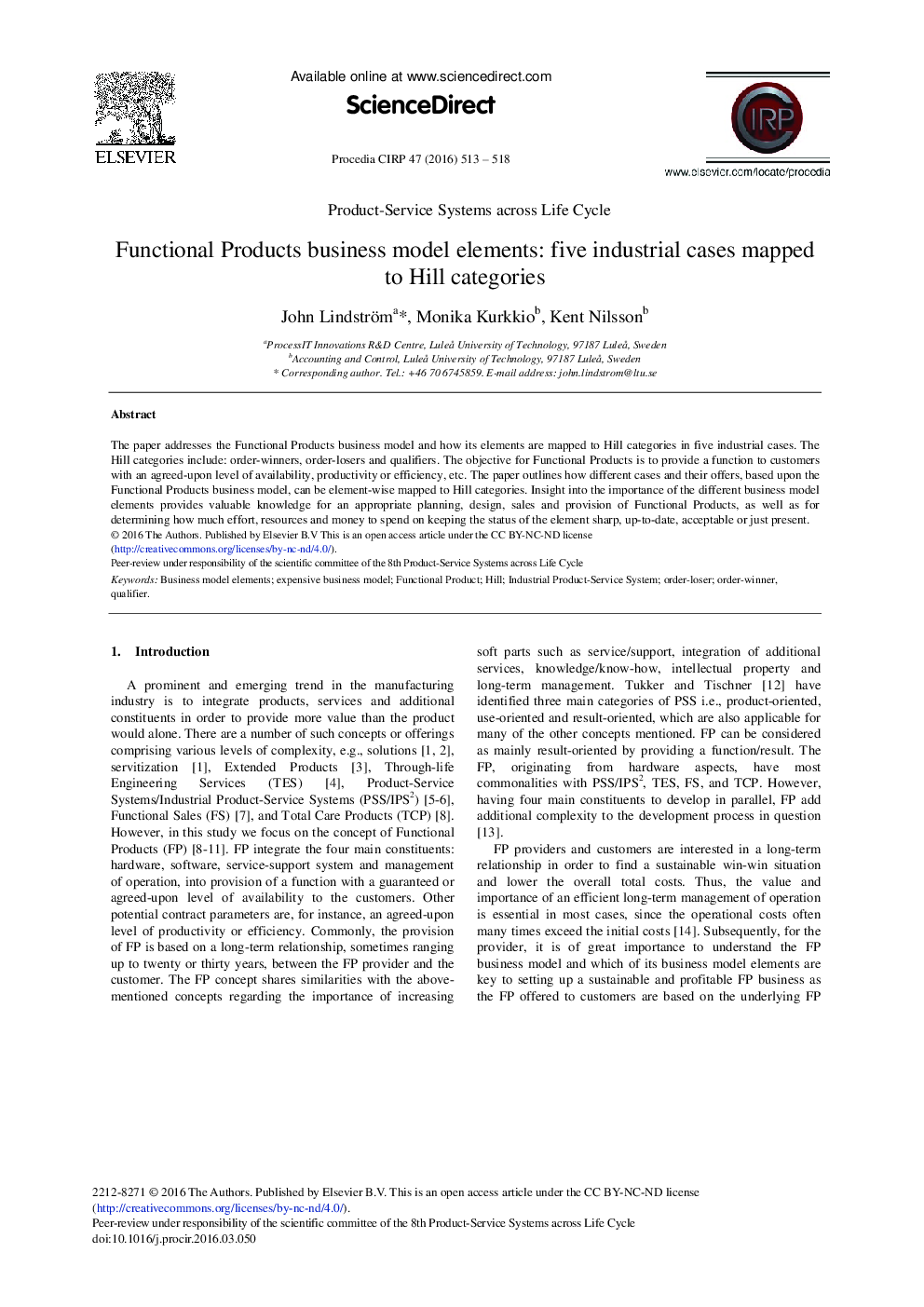 Functional Products Business Model Elements: Five Industrial Cases Mapped to Hill Categories 