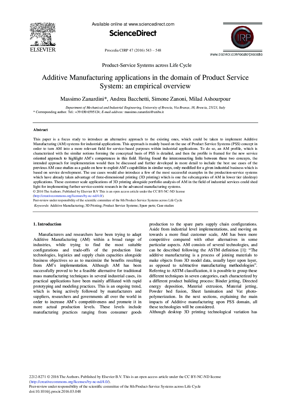 Additive Manufacturing Applications in the Domain of Product Service System: An Empirical Overview 