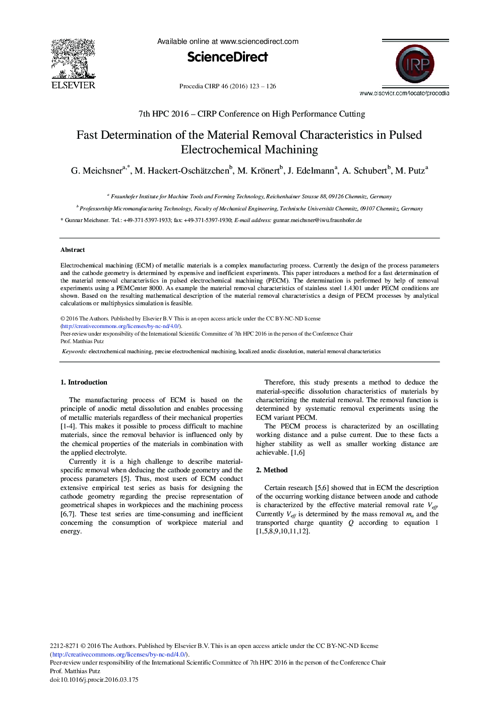 Fast Determination of the Material Removal Characteristics in Pulsed Electrochemical Machining 