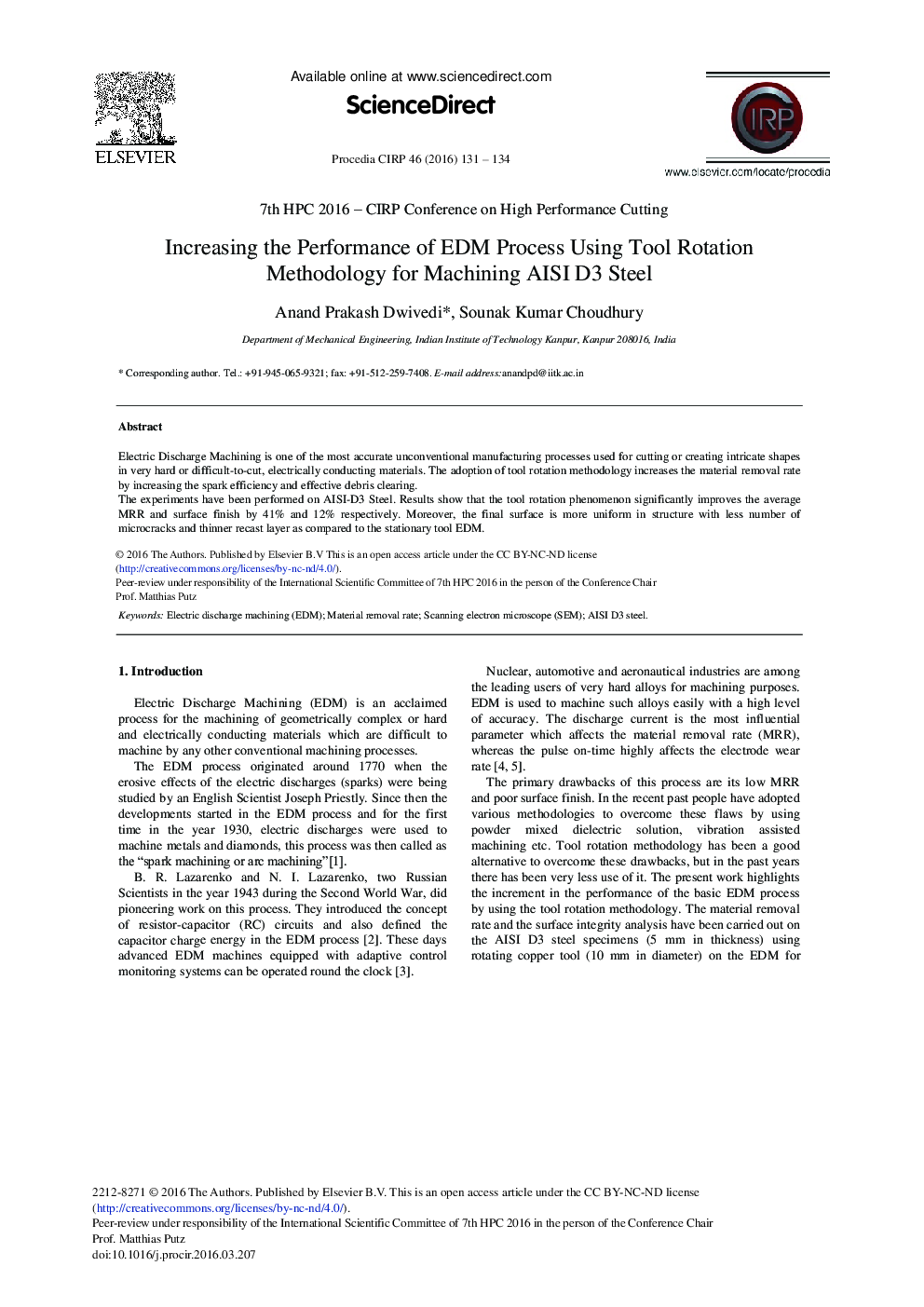 Increasing the Performance of EDM Process Using Tool Rotation Methodology for Machining AISI D3 Steel 