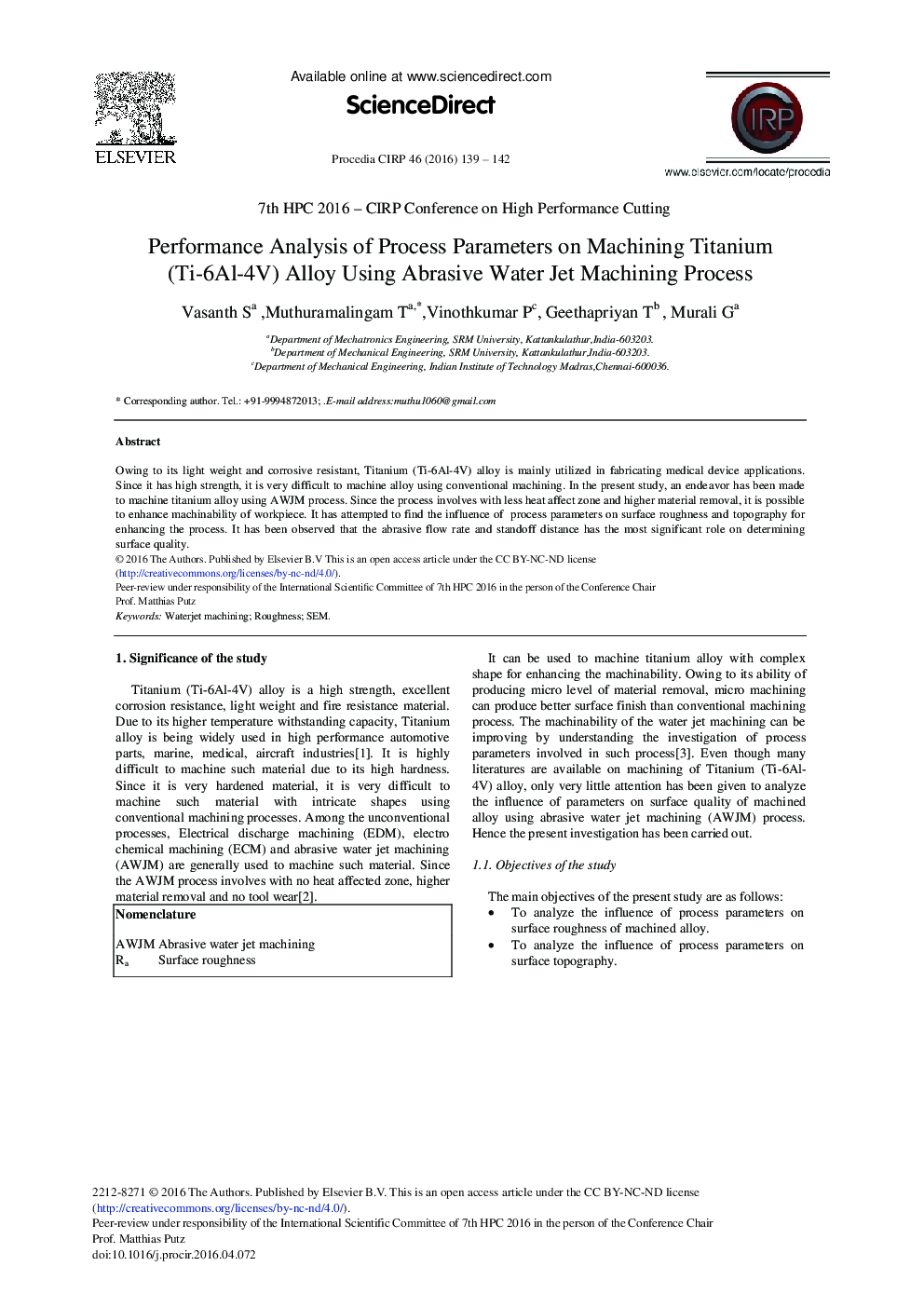 Performance Analysis of Process Parameters on Machining Titanium (Ti-6Al-4V) Alloy Using Abrasive Water Jet Machining Process 