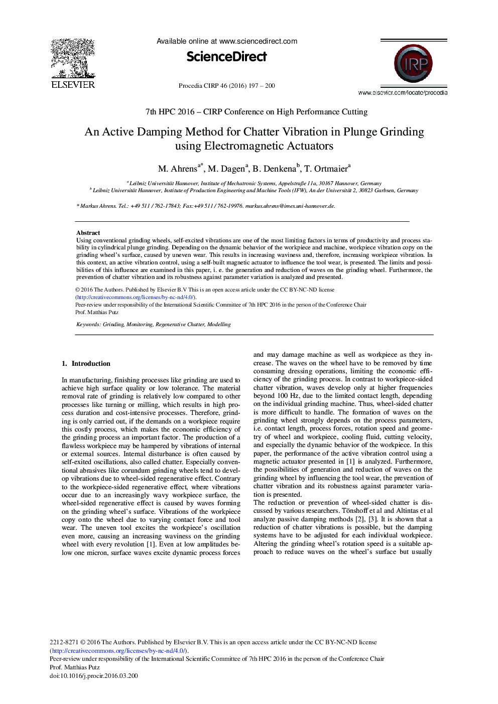 An Active Damping Method for Chatter Vibration in Plunge Grinding Using Electromagnetic Actuators 