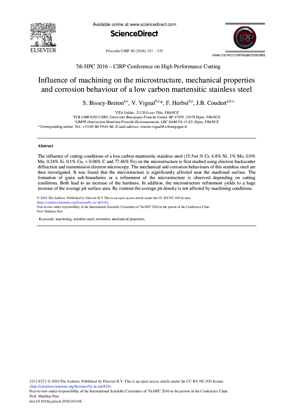 Influence of Machining on the Microstructure, Mechanical Properties and Corrosion Behaviour of a Low Carbon Martensitic Stainless Steel 