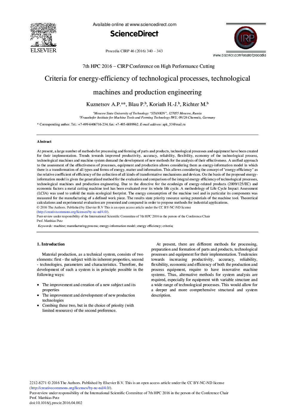 Criteria for Energy-efficiency of Technological Processes, Technological Machines and Production Engineering 