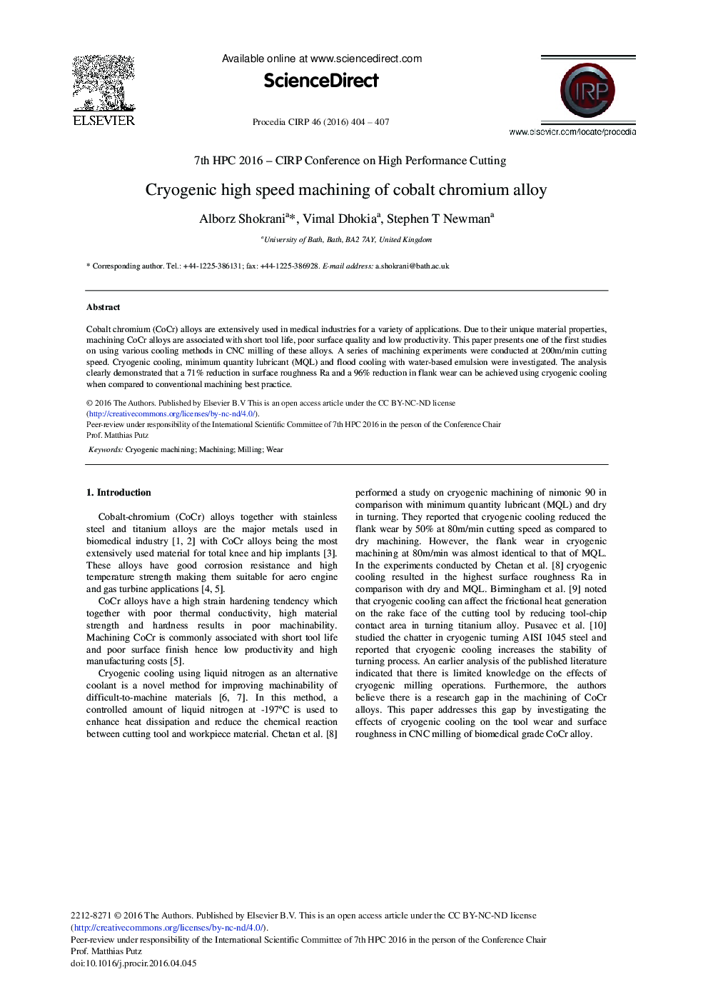 Cryogenic High Speed Machining of Cobalt Chromium Alloy 