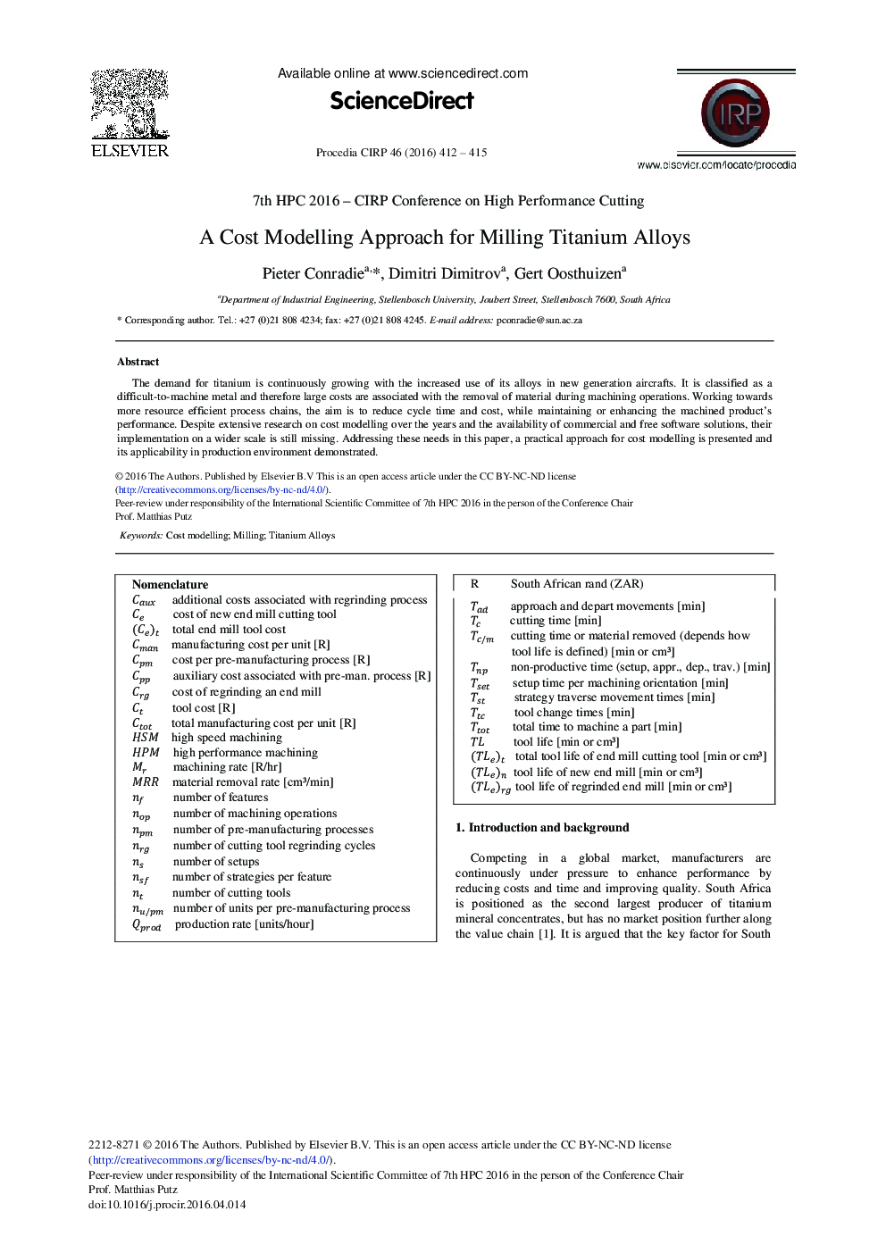 A Cost Modelling Approach for Milling Titanium Alloys 