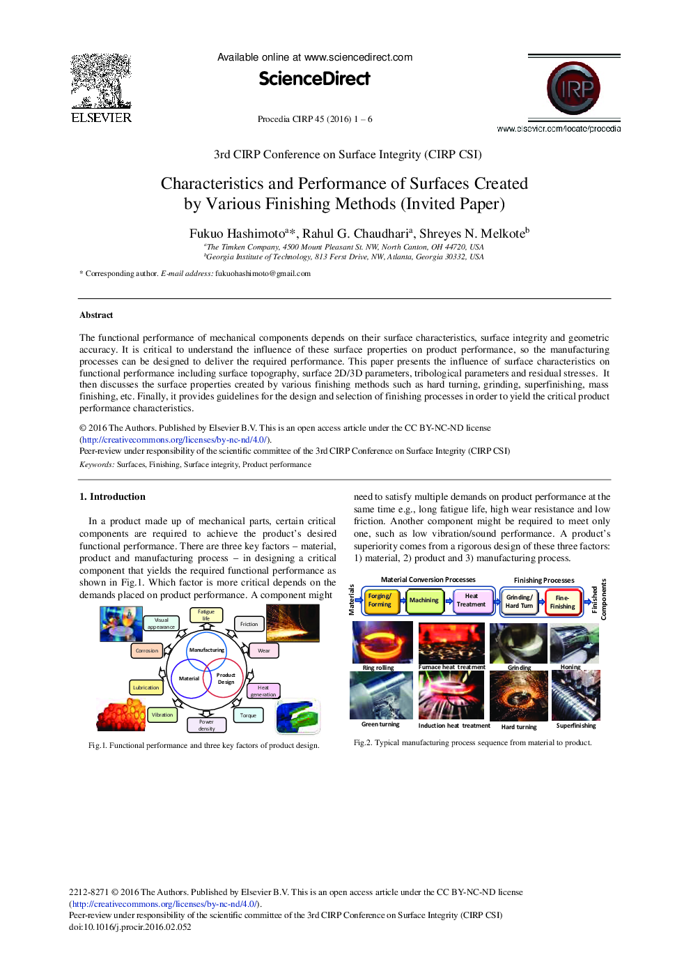 Characteristics and Performance of Surfaces Created by Various Finishing Methods (Invited Paper) 