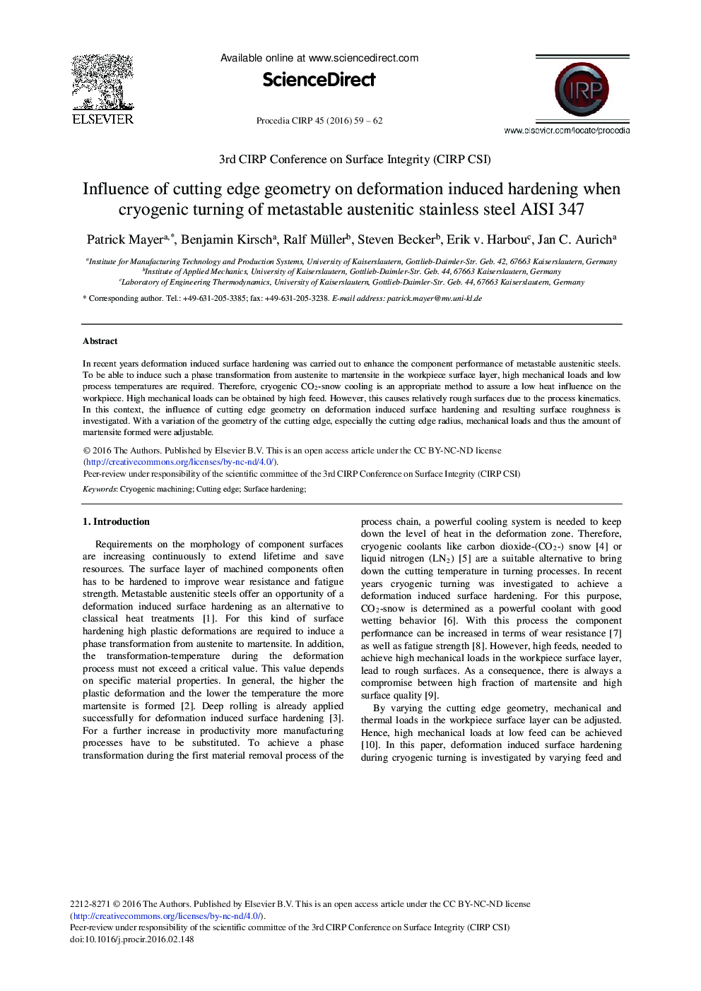 Influence of Cutting Edge Geometry on Deformation Induced Hardening when Cryogenic Turning of Metastable Austenitic Stainless Steel AISI 347 