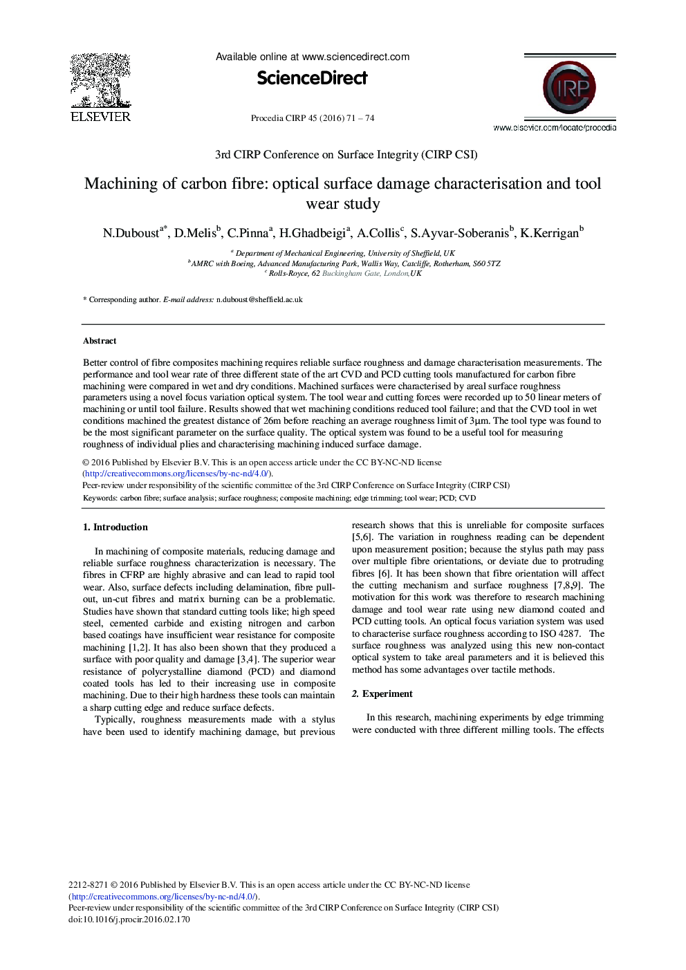 Machining of Carbon Fibre: Optical Surface Damage Characterisation and Tool Wear Study 