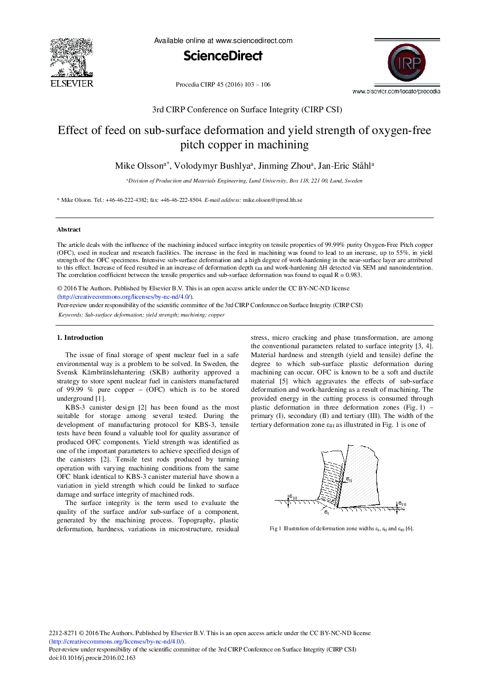 Effect of Feed on Sub-surface Deformation and Yield Strength of Oxygen-free Pitch Copper in Machining 