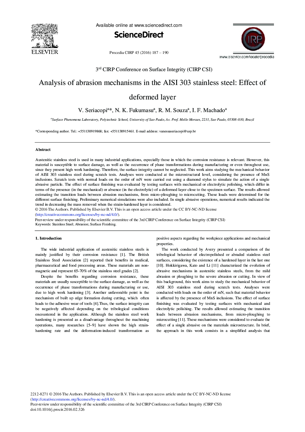 Analysis of Abrasion Mechanisms in the AISI 303 Stainless Steel: Effect of Deformed Layer 