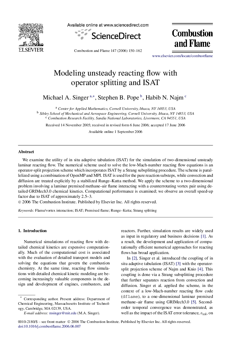 Modeling unsteady reacting flow with operator splitting and ISAT