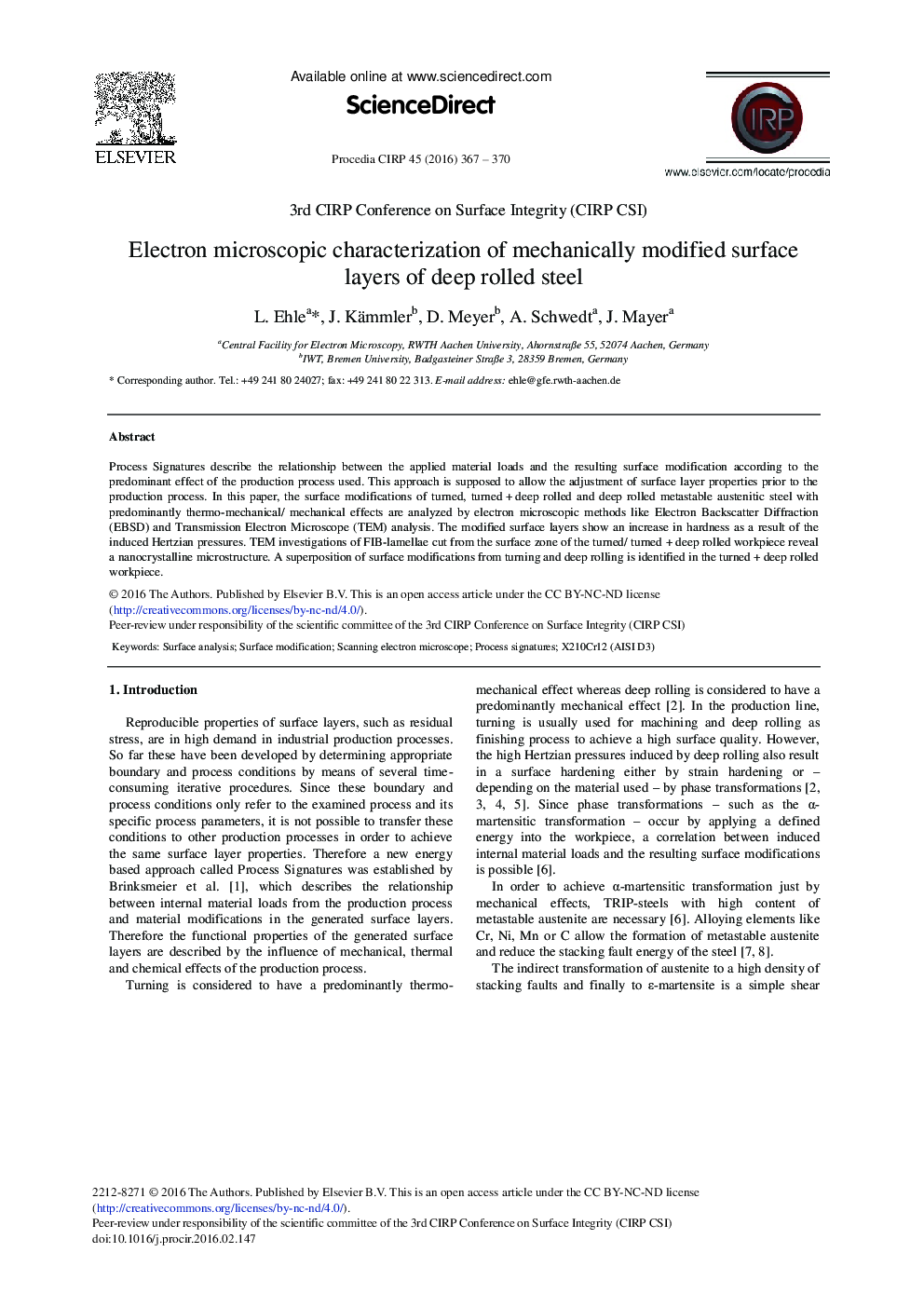 Electron Microscopic Characterization of Mechanically Modified Surface Layers of Deep Rolled Steel 