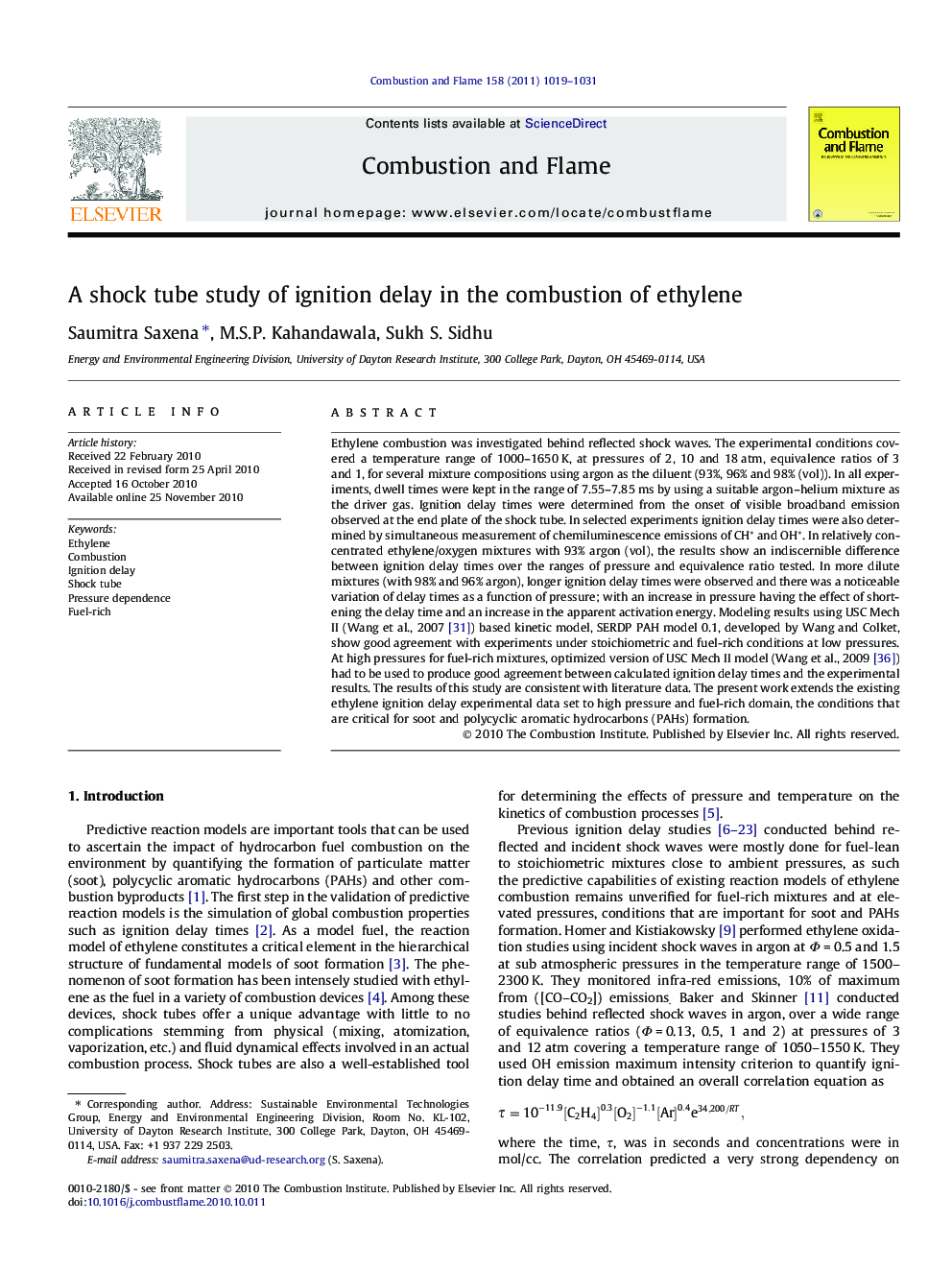 A shock tube study of ignition delay in the combustion of ethylene