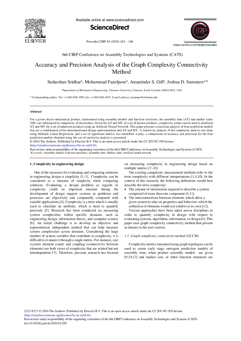 Accuracy and Precision Analysis of the Graph Complexity Connectivity Method 