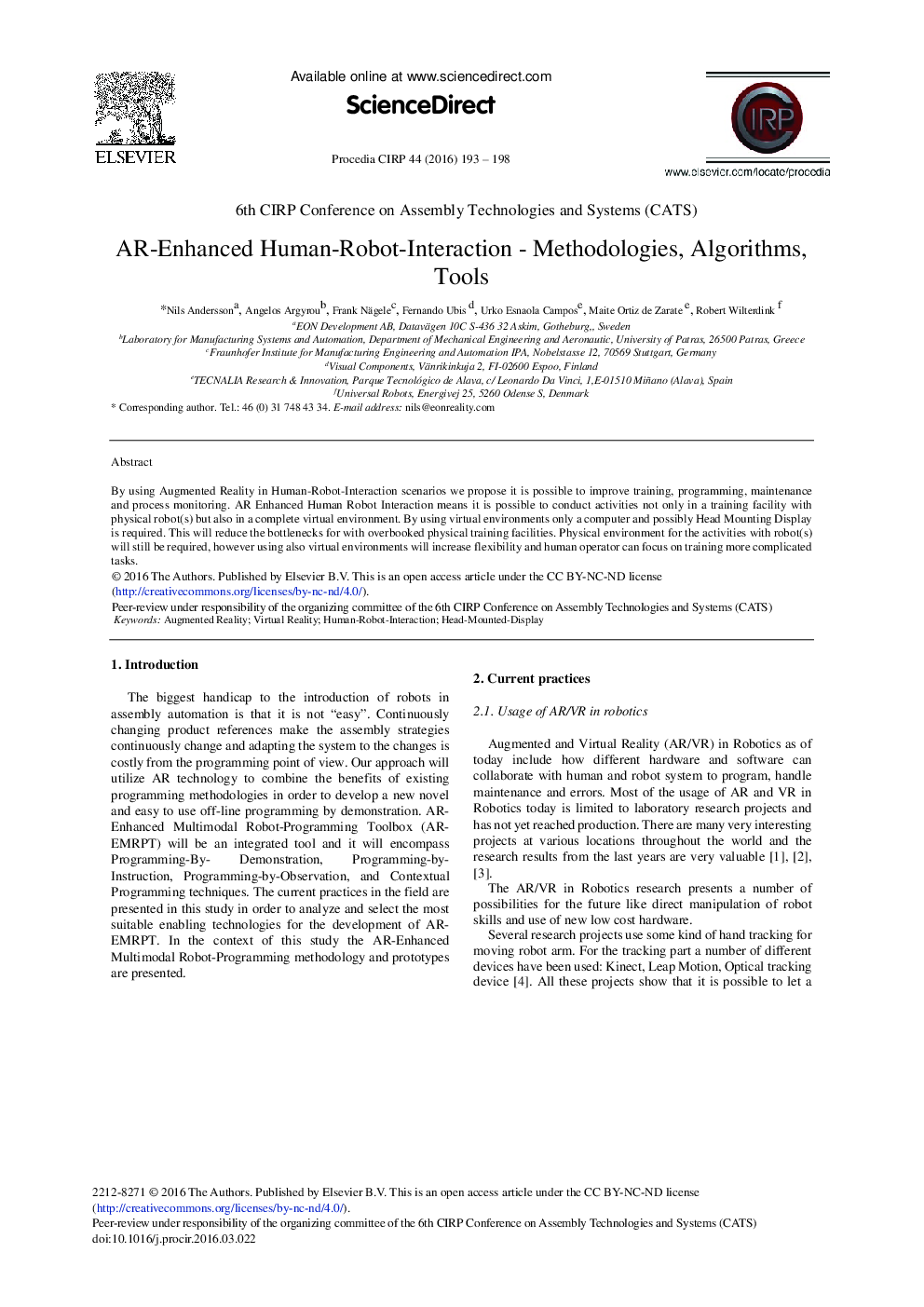 AR-Enhanced Human-Robot-Interaction - Methodologies, Algorithms, Tools 